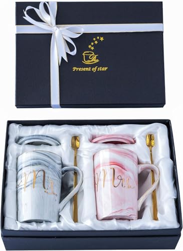 Jumway Wedding Gifts for Bride and Groom, Gifts for Bridal Shower Engagement Wedding and Married Couples Anniversary - Ceramic Marble Coffee Mugs with Real Gold Mr/Mrs Letters 14 Oz Pink - A Grey&Pink