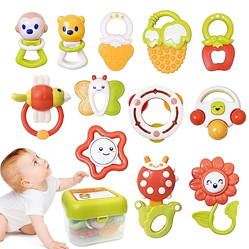 13PCS Baby Rattle Set, Infant Teething Toys with Storage Case for 0 M+ - Bright Color