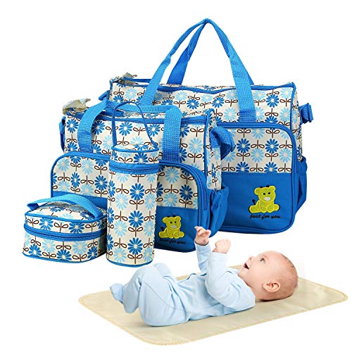 Moclever Diaper Bag Tote Set, 5PCS Baby Bags for Mom and Dad – Large Maternity Travel Bag with Insulated Bottle Holder, Food Bag & Portable Changing Pad, Waterproof Baby Essentials Organizer (Blue) - Blue