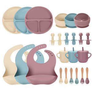 24 PCS Silicone Baby Feeding Set, Baby Led Weaning Supplies Includes Suction Bowls and Divided Plates, Adjustable Silicone Bib, Spoons&forks, Training cup with straw(Pink+Blue+Beige)