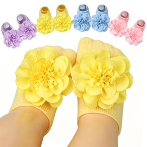 Baby Girl Socks with Non-Slip Grips, 4 Pairs Cute Soft Cotton Breathable Flower Infant Ankle Socks for Newborn