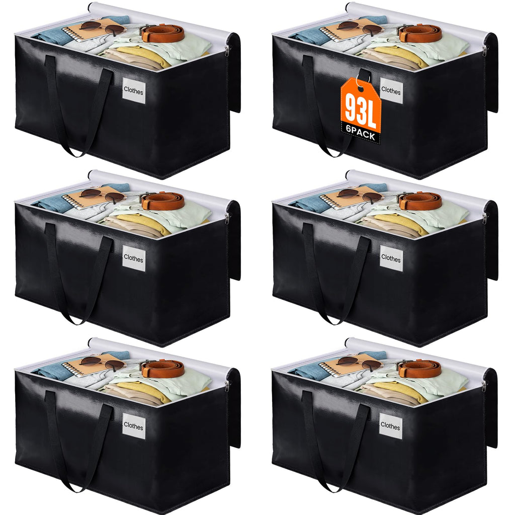 Heavy Duty Moving Bags, Extra Large Storage Bags, 93L, 6-Pack, Black | Foldable, with Zippers, Tag Pocket & Handles, Reusable, Space-saving, Water-Resistant, for moving & storage, Versatile Use