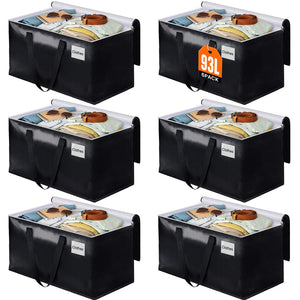 Heavy Duty Moving Bags, Extra Large Storage Bags, 93L, 6-Pack, Black | Foldable, with Zippers, Tag Pocket & Handles, Reusable, Space-saving, Water-Resistant, for moving & storage, Versatile Use