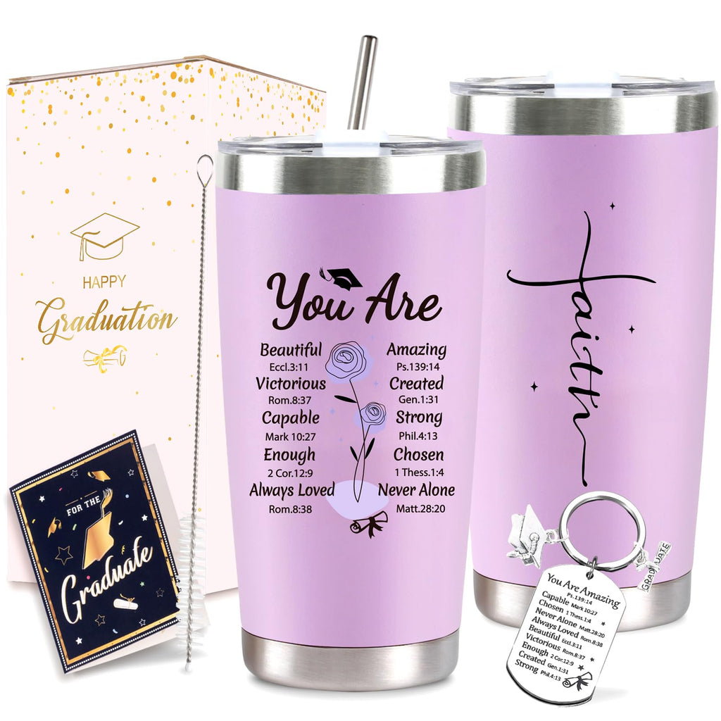 Graduation Gift for Her 2026, 20 oz Purple Religious Faith Stainless Steel Grad Tumbler Cup with Lid, Straw, Brush, Keychain and Card Set for Class of 2026 College, High School Female Graduates