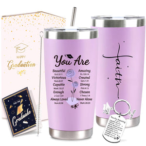 Graduation Gift for Her 2026, 20 oz Purple Religious Faith Stainless Steel Grad Tumbler Cup with Lid, Straw, Brush, Keychain and Card Set for Class of 2026 College, High School Female Graduates