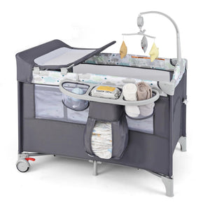 BABY JOY 5-in-1 Pack and Play, Portable Baby Bedside Sleeper with Bassinet, U-Shaped Diaper Changer, Safety Strap, Side Zipper Entrance, Foldable Bedside Crib Playard for Newborn to Toddlers (Gray)