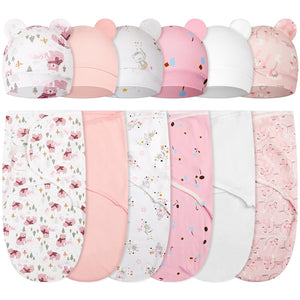 Ramede 6 Pack Baby Swaddle Blankets with Hats,Bear,Pink