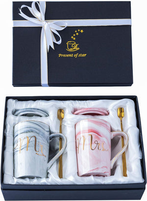 Jumway Wedding Gifts for Bride and Groom, Gifts for Bridal Shower Engagement Wedding and Married Couples Anniversary - Ceramic Marble Coffee Mugs with Real Gold Mr/Mrs Letters 14 Oz Pink