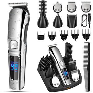 Ufree Beard Trimmer for Men, Waterproof Electric Razor, Grooming Kit | Stainless steel blades, six interchangeable heads, wet and dry use, USB rechargeable, for face body nose ear trimming, silver