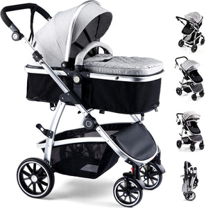 Hagaday Baby Stroller, 2-in-1 Reversible Toddler Seat with Basket Mode, Foldable Infant Stroller with Canopy, One Button Brake, Adjustable Handle, Newborn Pushchair (Gray)