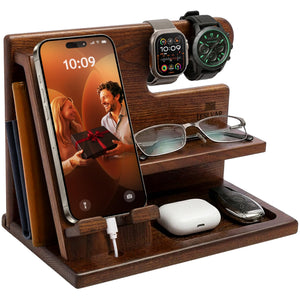 TESLYAR Wood Phone Docking Station for Men - Desktop or Nightstand Organizer - Birthday Gifts for Men, Dad - Anniversary Idea from Wife - Key Holder, Stand Wallet, Watch & Essentials (Bourbon Brown)