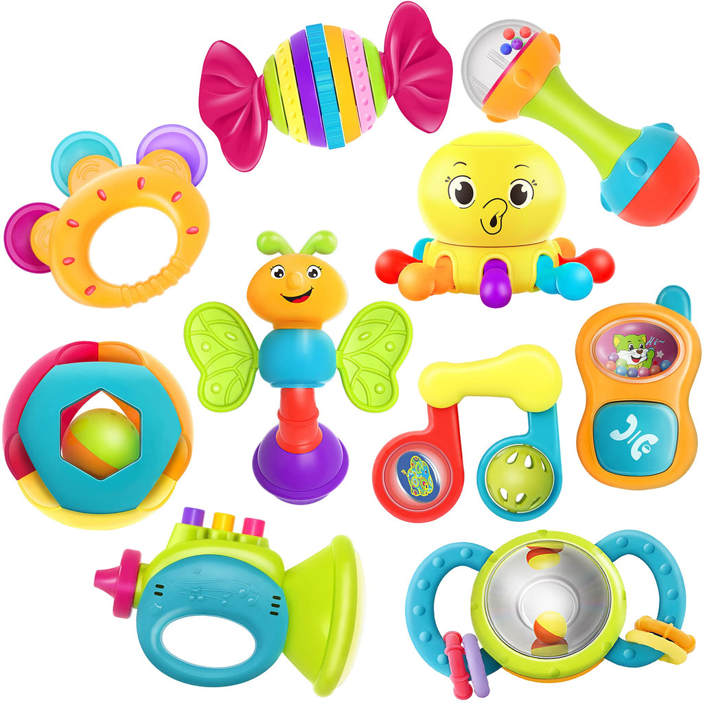 iPlay, iLearn 10PCS Baby Rattle Toys 3-6-12 Months, Infant Sensory Teething