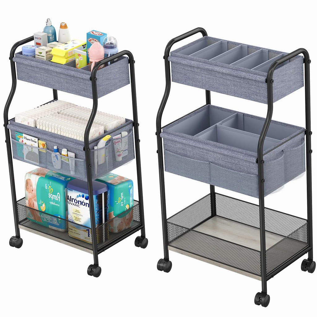3-Tier Baby Diaper Caddy Organizer and Storage Cart, Mobile Metal Utility Cart with Rolling Wheels for Nursery Essentials with 4+2 Dividers, Large Capacity Rolling Cart For Bedroom, Bathroom, Nursery