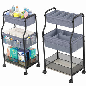 3-Tier Baby Diaper Caddy Organizer and Storage Cart, Mobile Metal Utility Cart with Rolling Wheels for Nursery Essentials with 4+2 Dividers, Large Capacity Rolling Cart For Bedroom, Bathroom, Nursery