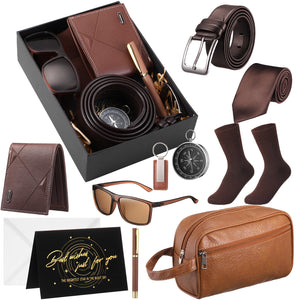Geyoga 12 Pcs Mens Birthday Gift Set,Wallet Belt Tie Socks Bag | Happy Birthday Him Basket,Thank You Dad, PU Leather Wallet, Toiletry Bag, Tie Socks Belt Keychain Sunglasses Pen Compass Set