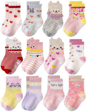 RATIVE Baby Girl Non Slip Grip Socks 12-Pack Soft Cotton Toddler Girl Socks