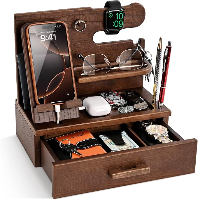 TESLYAR Wood Phone Docking Station with Drawer
