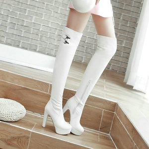 Platform Square High Heel Woman Over The Knee Boots Bucke Zipper Fashion Ladies Thigh Boots Black Brown White